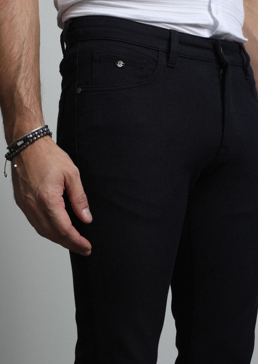 Navy Blue Weaving Slim Fit Casual Cotton Blended Trousers - 3