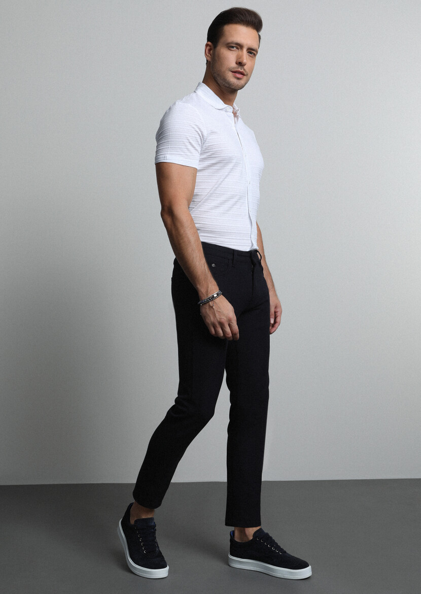 Navy Blue Weaving Slim Fit Casual Cotton Blended Trousers - 4