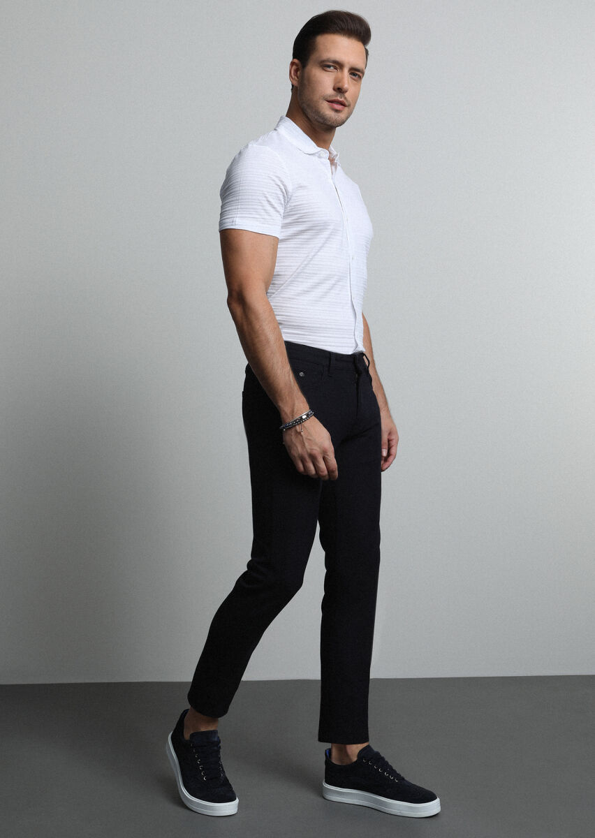 Navy Blue Weaving Slim Fit Casual Cotton Blended Trousers - 4