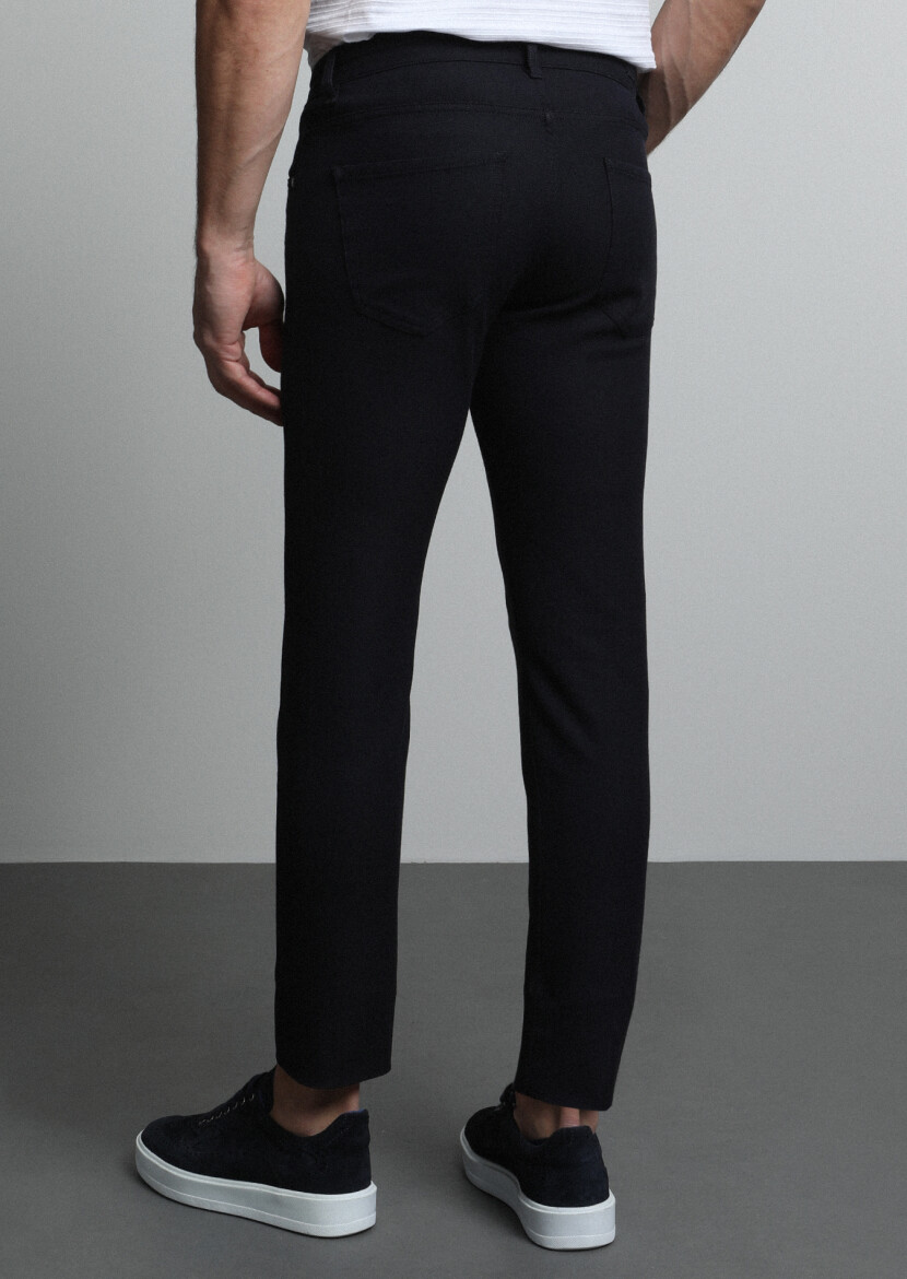 Navy Blue Weaving Slim Fit Casual Cotton Blended Trousers - 5