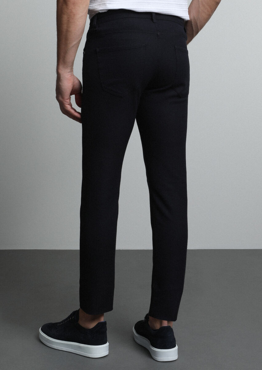 Navy Blue Weaving Slim Fit Casual Cotton Blended Trousers - 5
