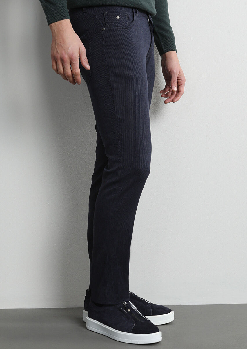 Navy Blue Weaving Slim Fit Casual Cotton Blended Trousers - 2