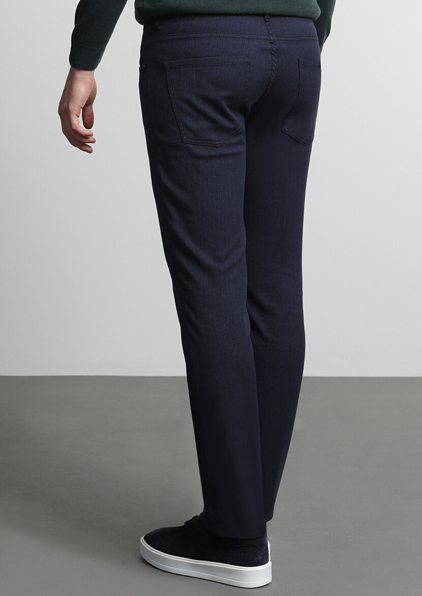 Navy Blue Weaving Slim Fit Casual Cotton Blended Trousers - 4