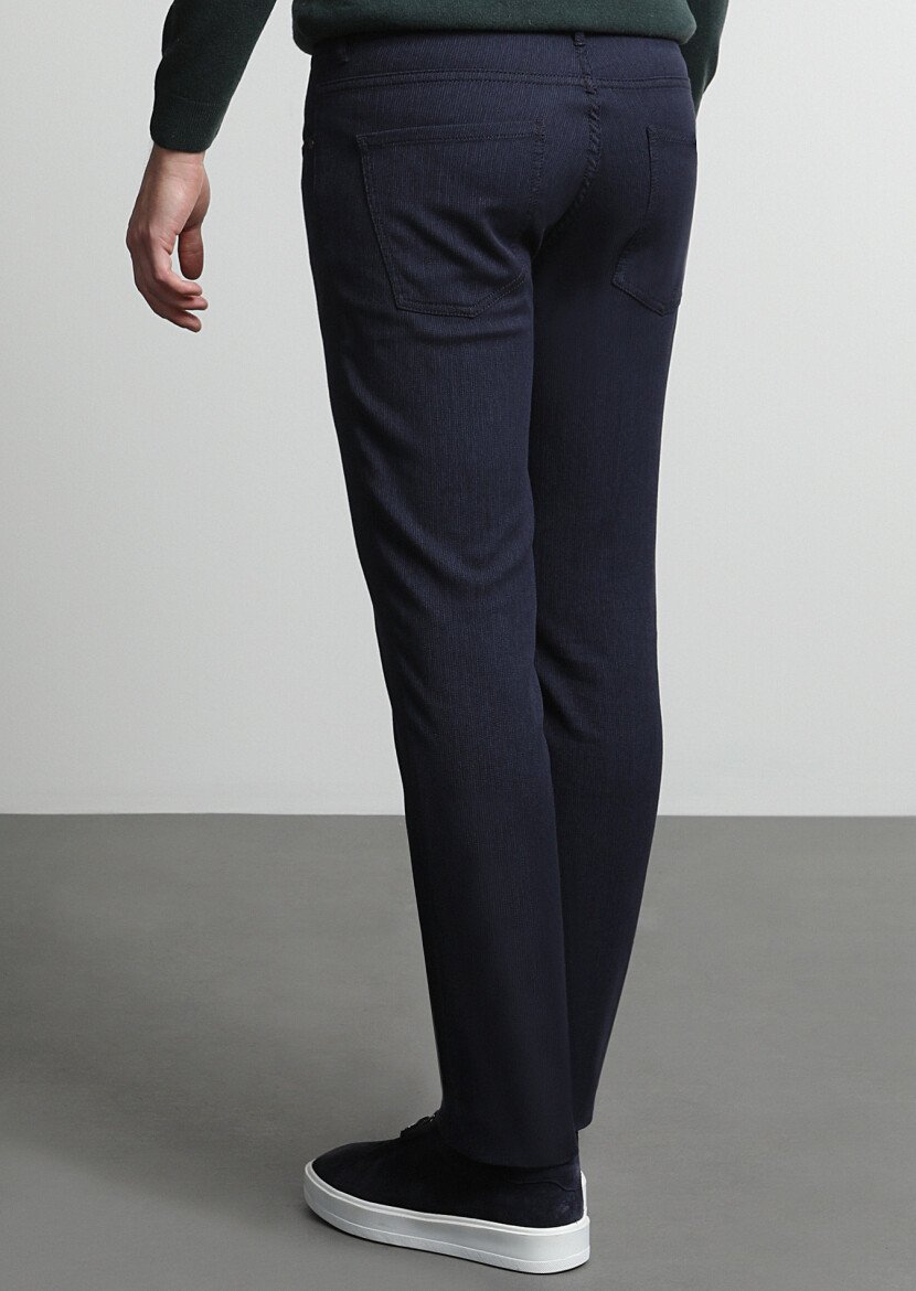 Navy Blue Weaving Slim Fit Casual Cotton Blended Trousers - 4