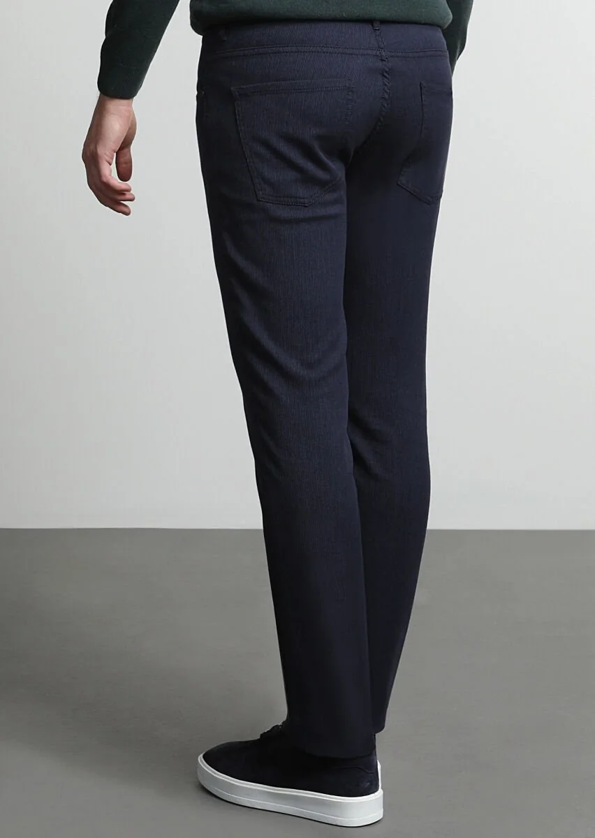 Navy Blue Weaving Slim Fit Casual Cotton Blended Trousers - 4
