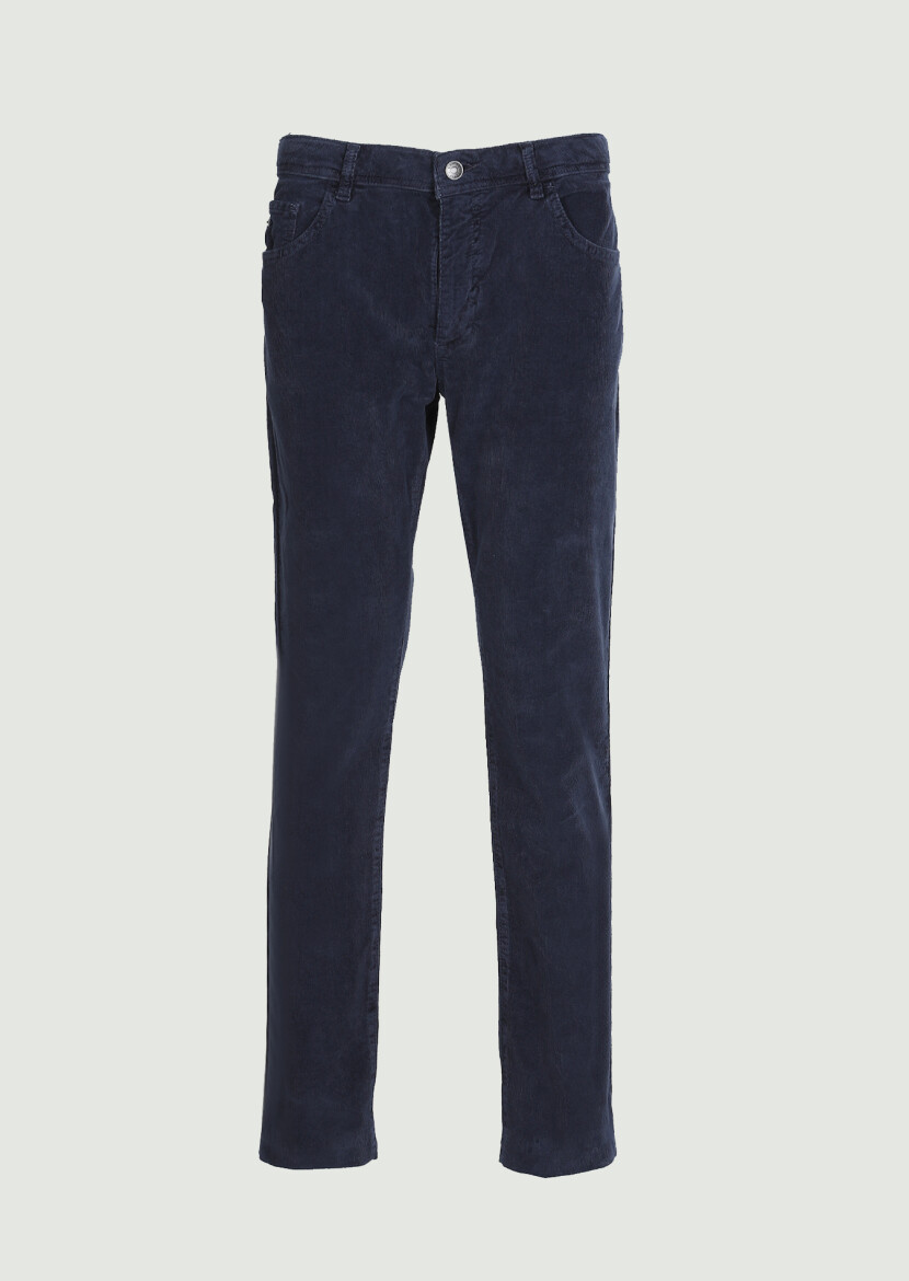 Navy Blue Weaving Slim Fit Casual Cotton Blended Trousers - 1