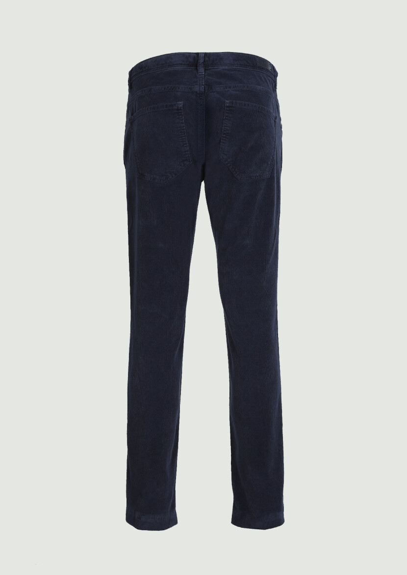 Navy Blue Weaving Slim Fit Casual Cotton Blended Trousers 