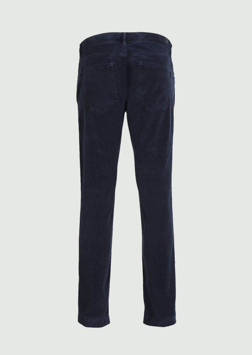 Navy Blue Weaving Slim Fit Casual Cotton Blended Trousers - 2
