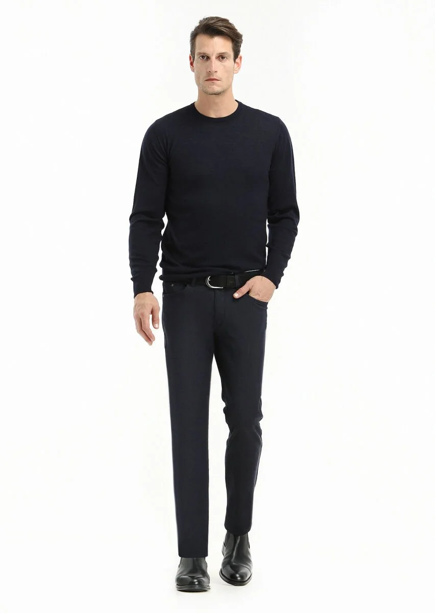 Navy Blue Weaving Slim Fit Casual Cotton Blended Trousers - 1