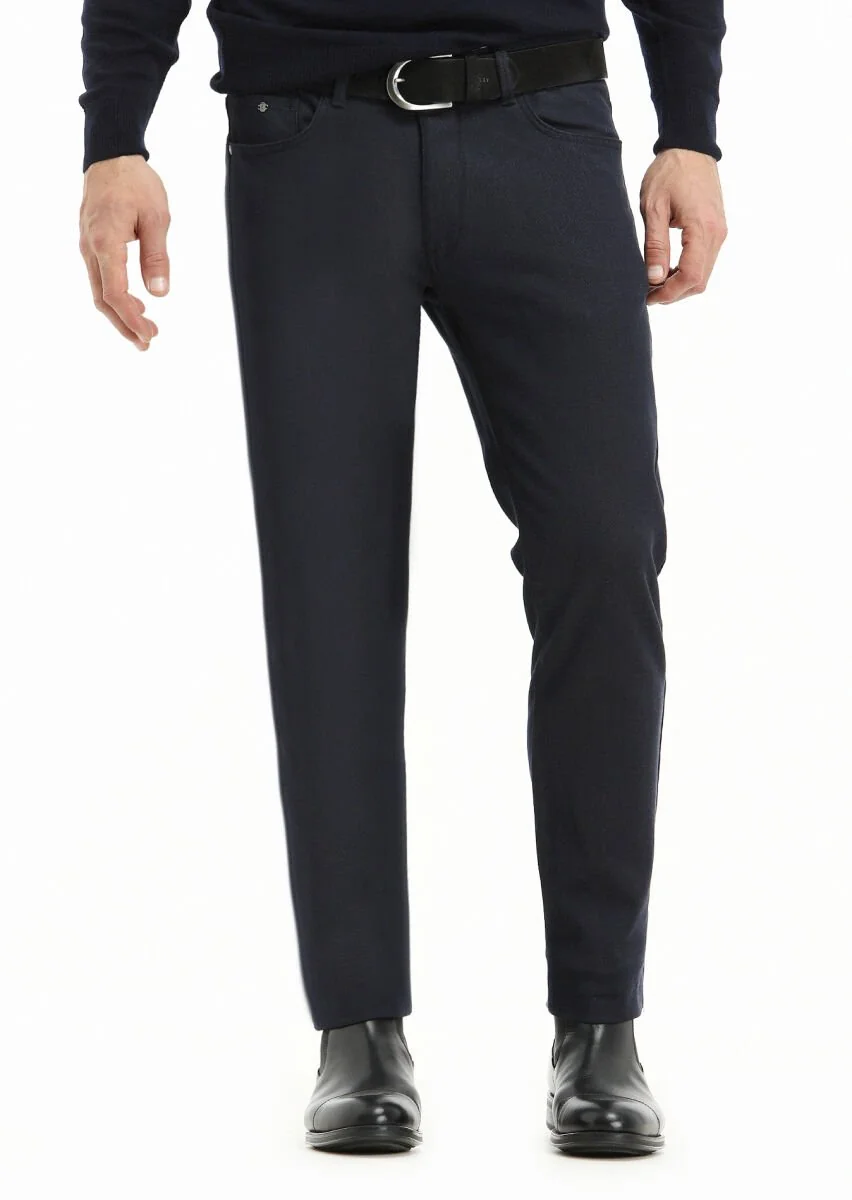 Navy Blue Weaving Slim Fit Casual Cotton Blended Trousers - 2