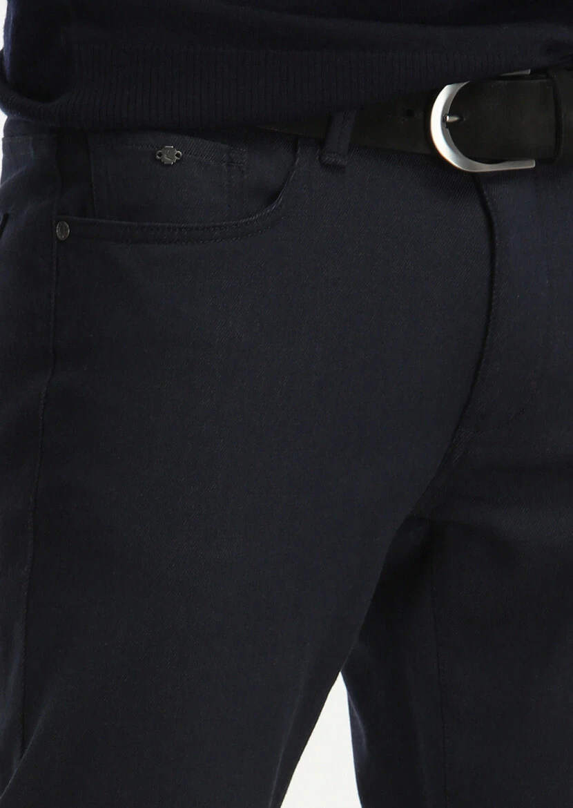 Navy Blue Weaving Slim Fit Casual Cotton Blended Trousers - 3