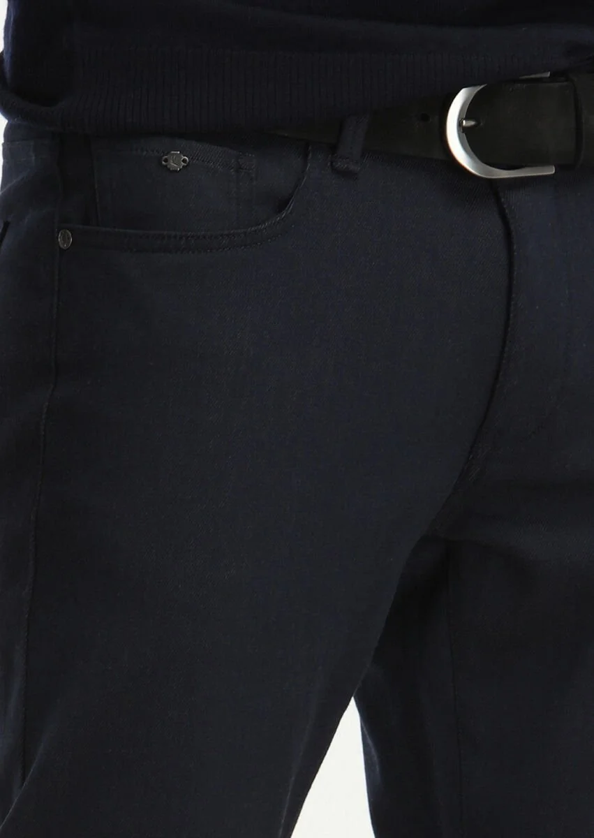 Navy Blue Weaving Slim Fit Casual Cotton Blended Trousers - 3