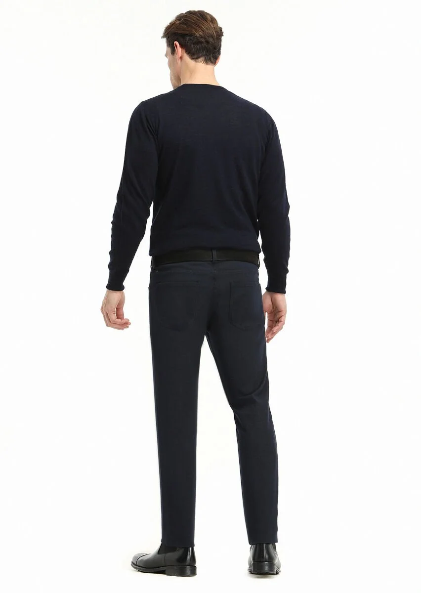 Navy Blue Weaving Slim Fit Casual Cotton Blended Trousers - 4