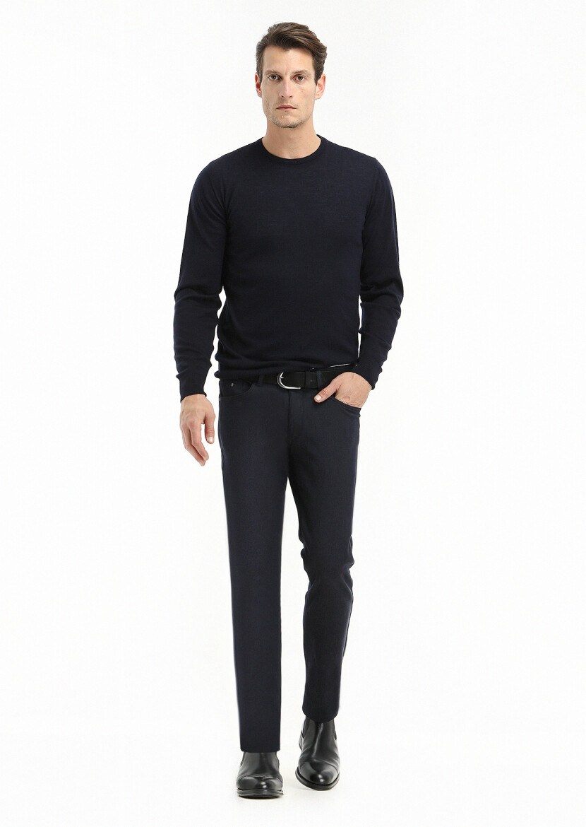 Navy Blue Weaving Slim Fit Casual Cotton Blended Trousers 
