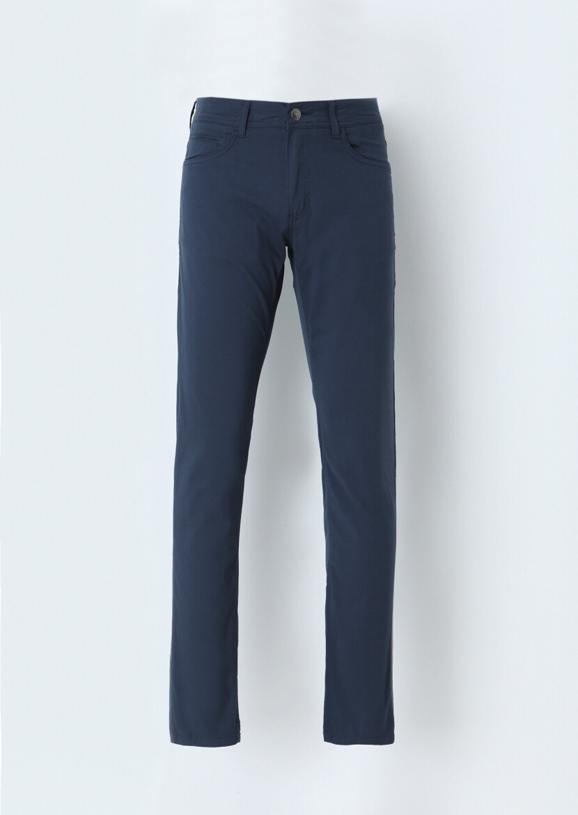 Navy Blue Weaving Slim Fit Casual Cotton Blended Trousers - 1