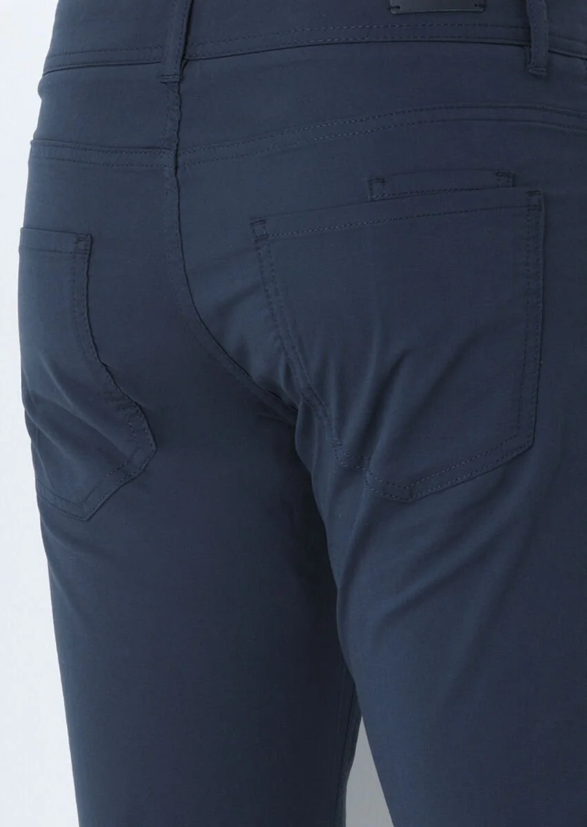 Navy Blue Weaving Slim Fit Casual Cotton Blended Trousers - 3