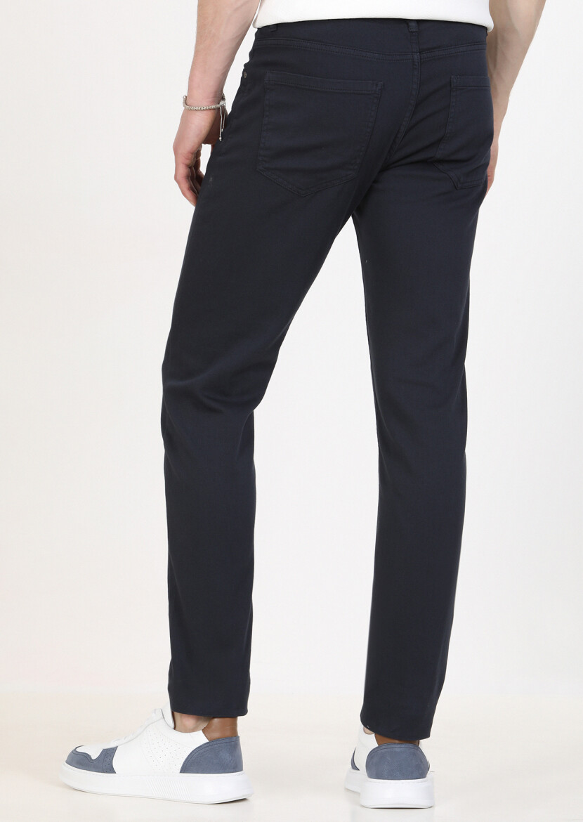 Navy Blue Weaving Slim Fit Casual Cotton Blended Trousers - 4