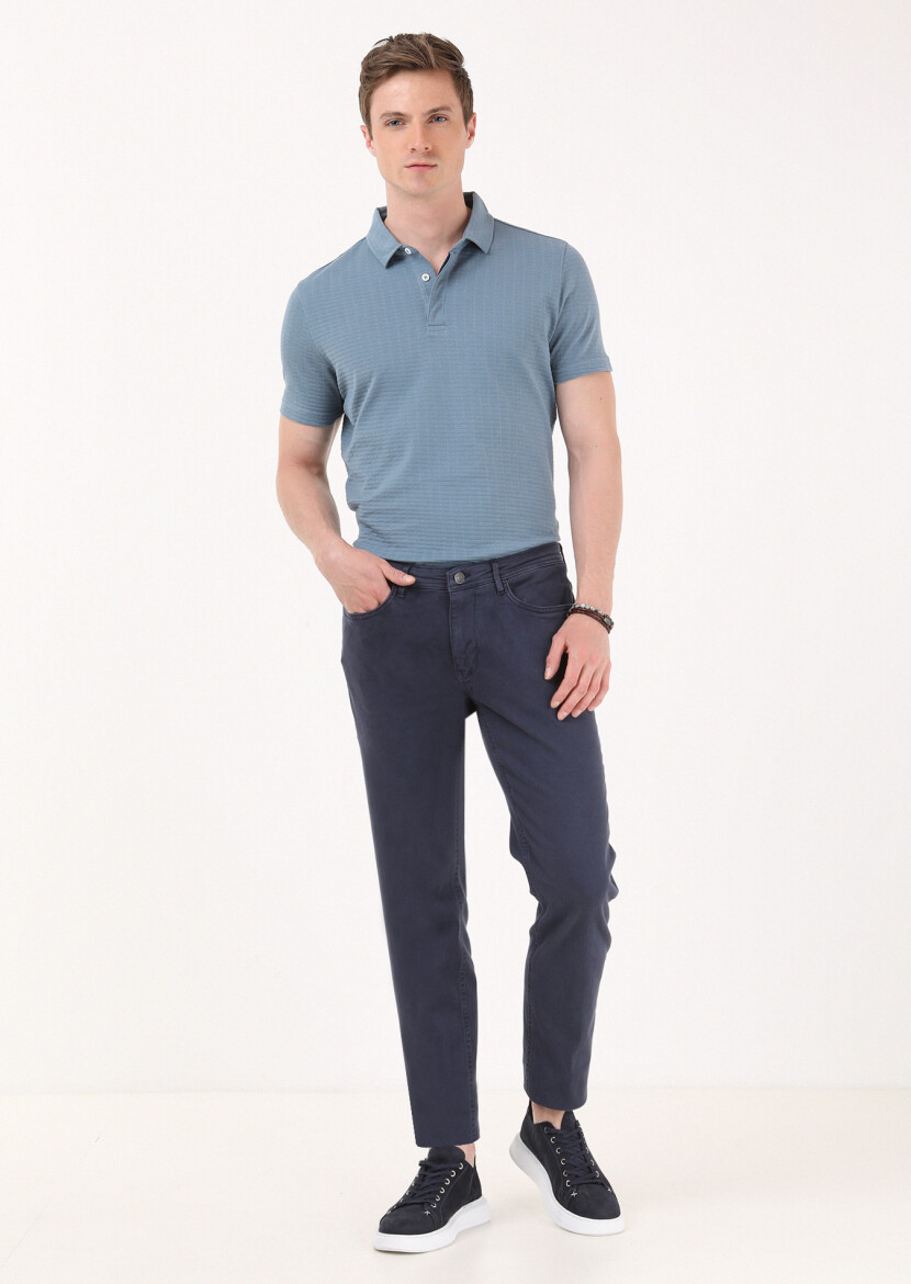 Navy Blue Weaving Slim Fit Casual Cotton Blended Trousers 