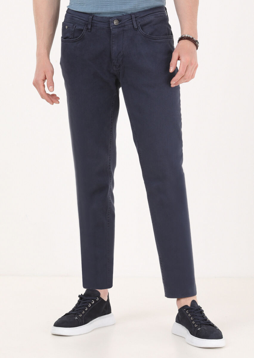 Navy Blue Weaving Slim Fit Casual Cotton Blended Trousers - 2