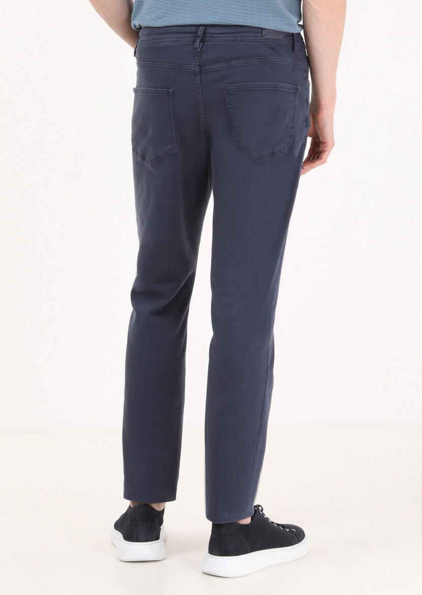 Navy Blue Weaving Slim Fit Casual Cotton Blended Trousers - 4