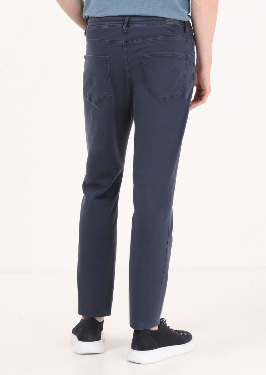 Navy Blue Weaving Slim Fit Casual Cotton Blended Trousers - 4