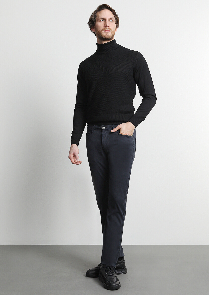 Navy Blue Weaving Slim Fit Casual Cotton Blended Trousers - 1