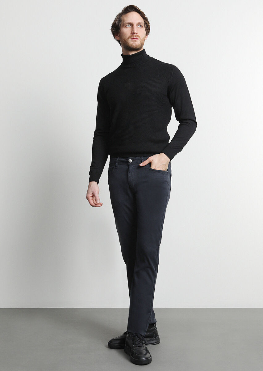 Navy Blue Weaving Slim Fit Casual Cotton Blended Trousers - 1