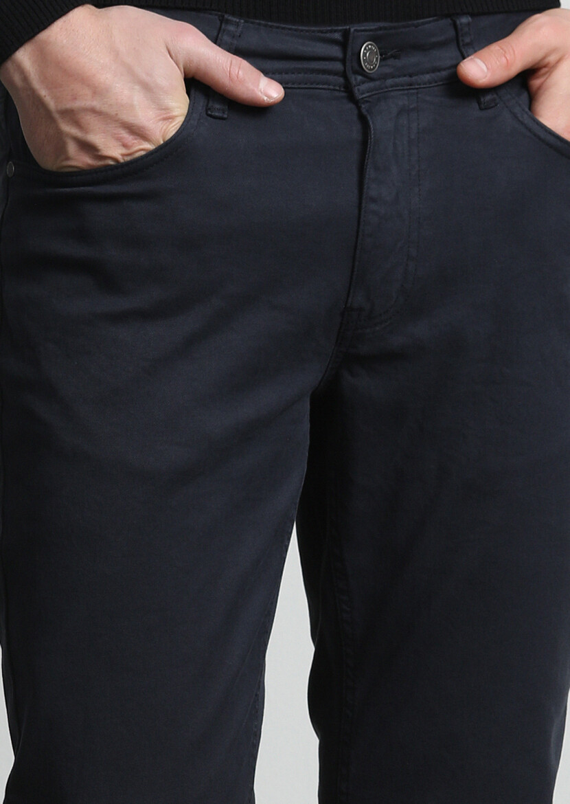 Navy Blue Weaving Slim Fit Casual Cotton Blended Trousers 