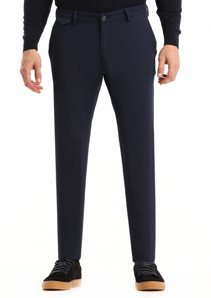 Navy Blue Weaving Slim Fit Casual Cotton Blended Trousers - 1
