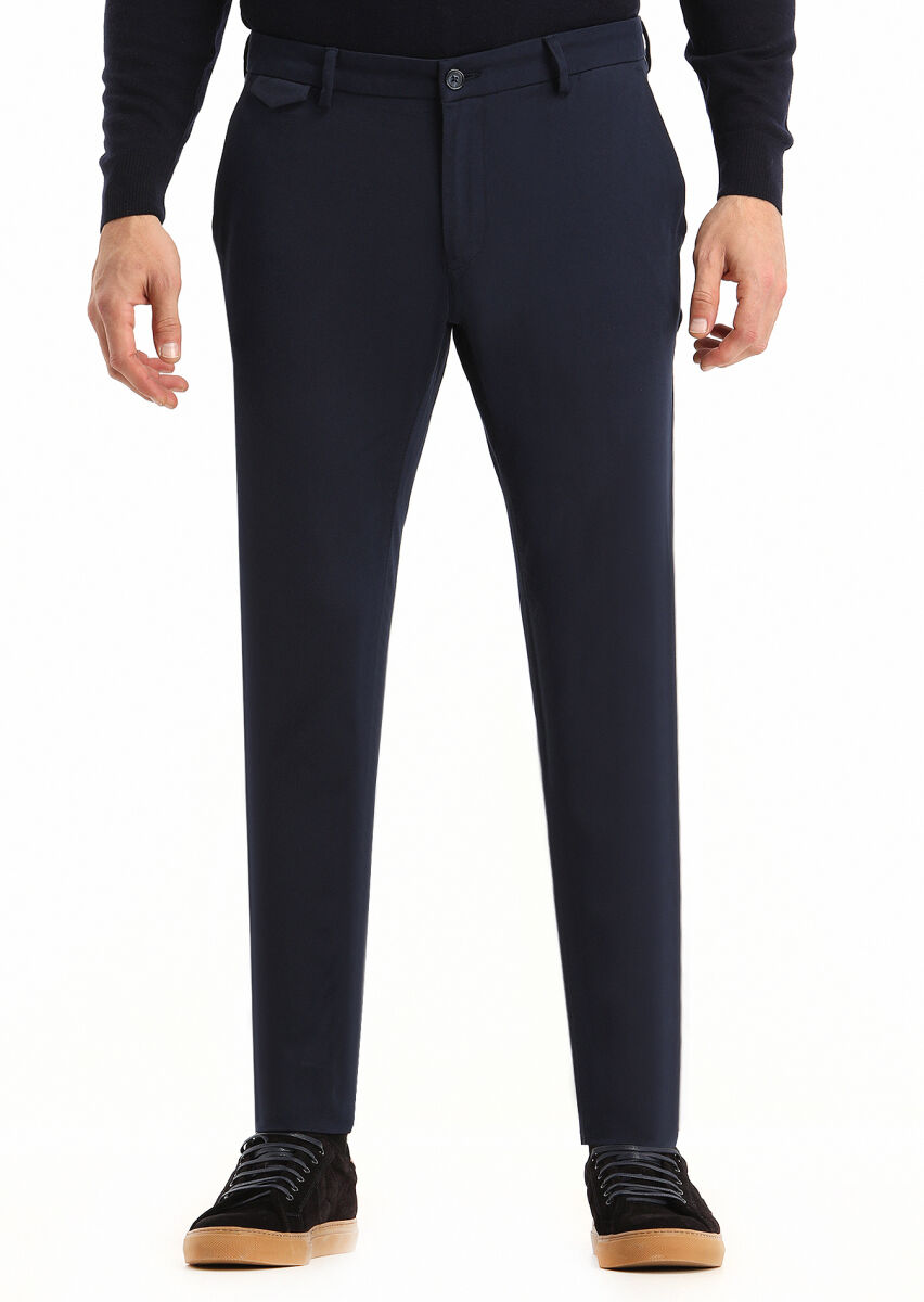 Navy Blue Weaving Slim Fit Casual Cotton Blended Trousers - 1