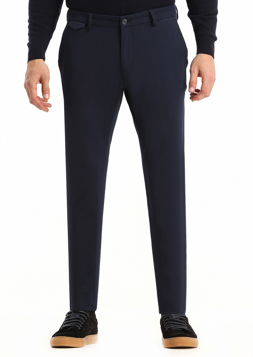 Navy Blue Weaving Slim Fit Casual Cotton Blended Trousers - 2