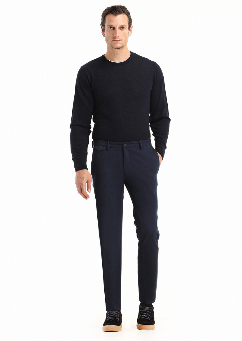 Navy Blue Weaving Slim Fit Casual Cotton Blended Trousers - 1