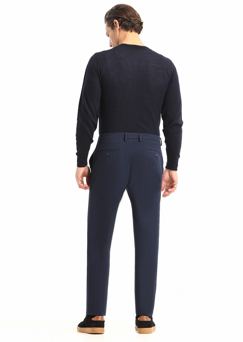 Navy Blue Weaving Slim Fit Casual Cotton Blended Trousers - 4