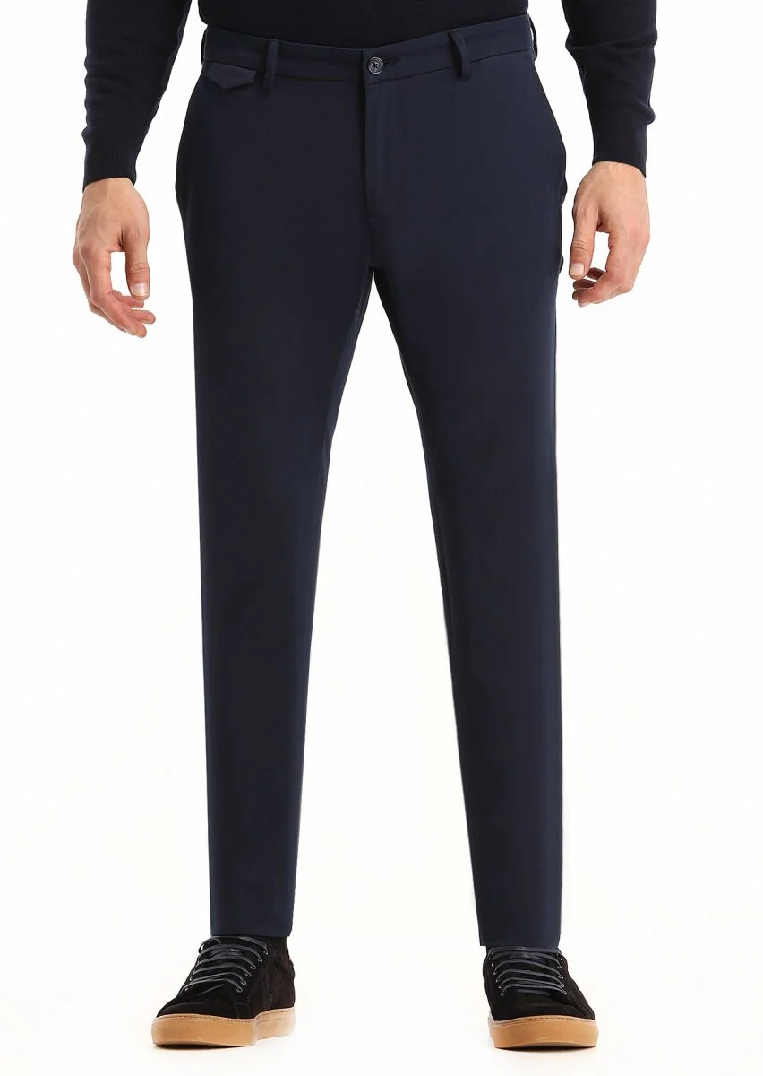 Navy Blue Weaving Slim Fit Casual Cotton Blended Trousers - 1