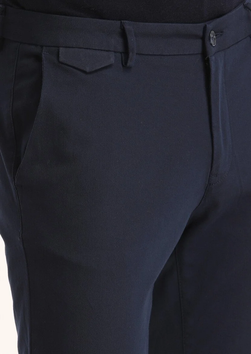 Navy Blue Weaving Slim Fit Casual Cotton Blended Trousers - 3