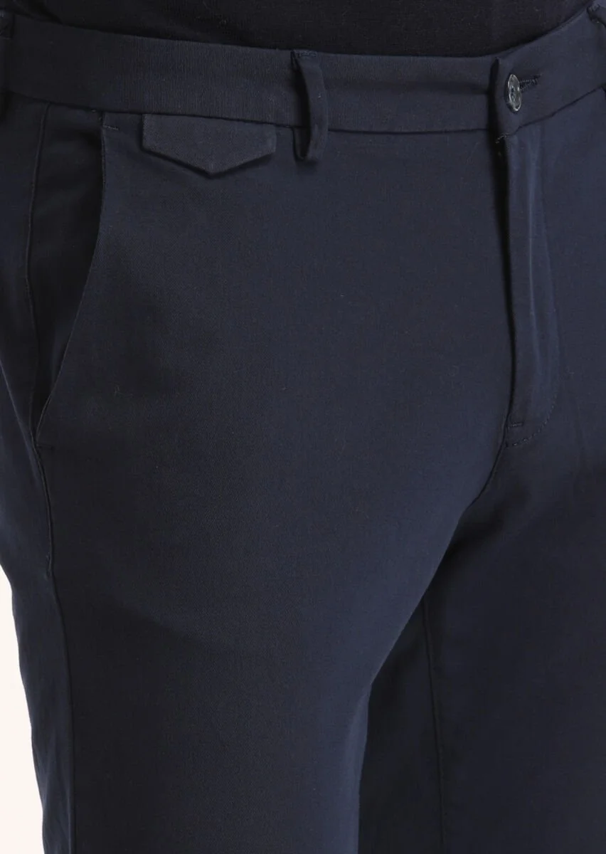 Navy Blue Weaving Slim Fit Casual Cotton Blended Trousers - 3