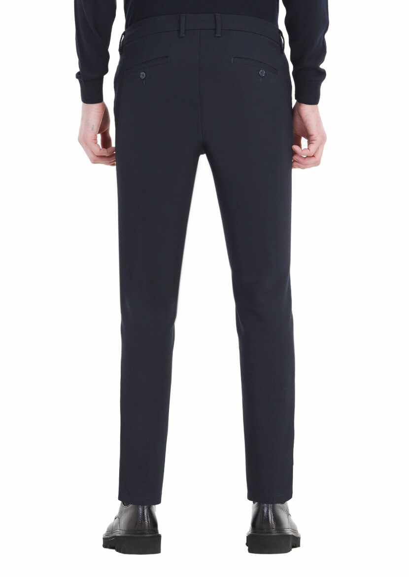 Navy Blue Weaving Slim Fit Casual Cotton Blended Trousers 