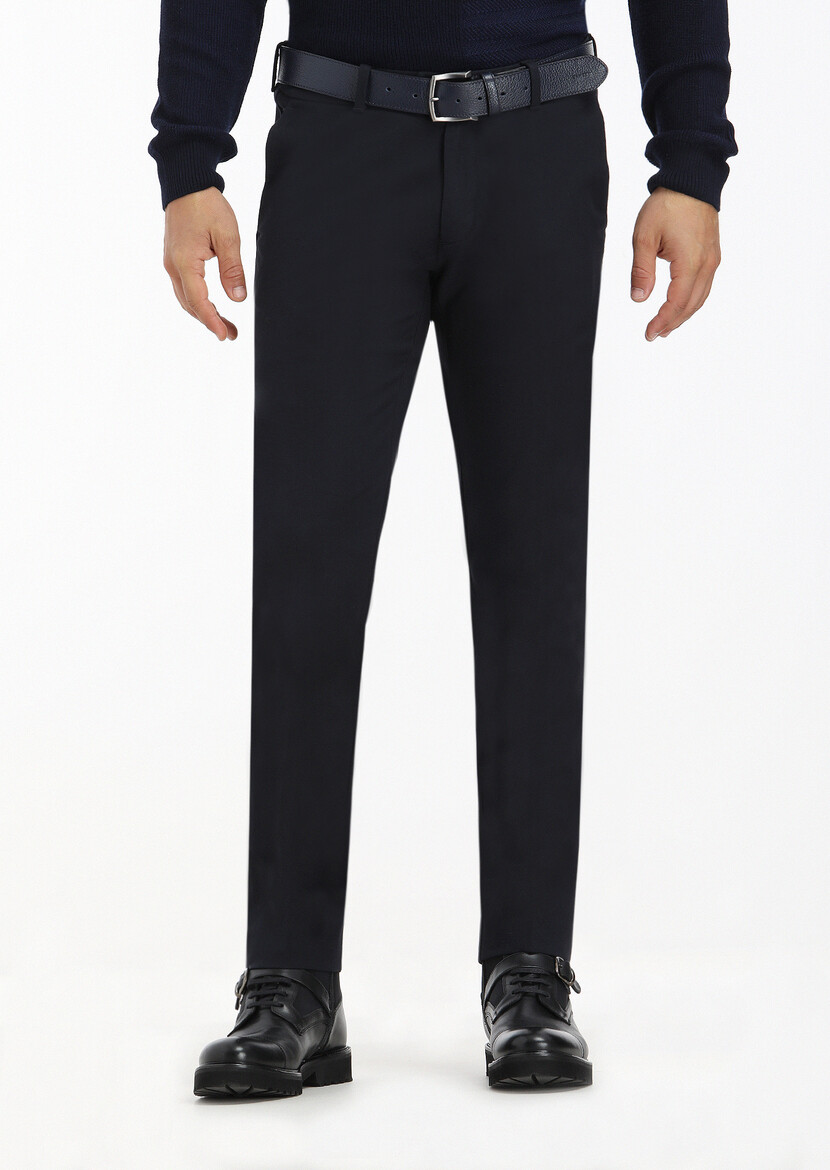 Navy Blue Weaving Slim Fit Casual Cotton Blended Trousers - 2