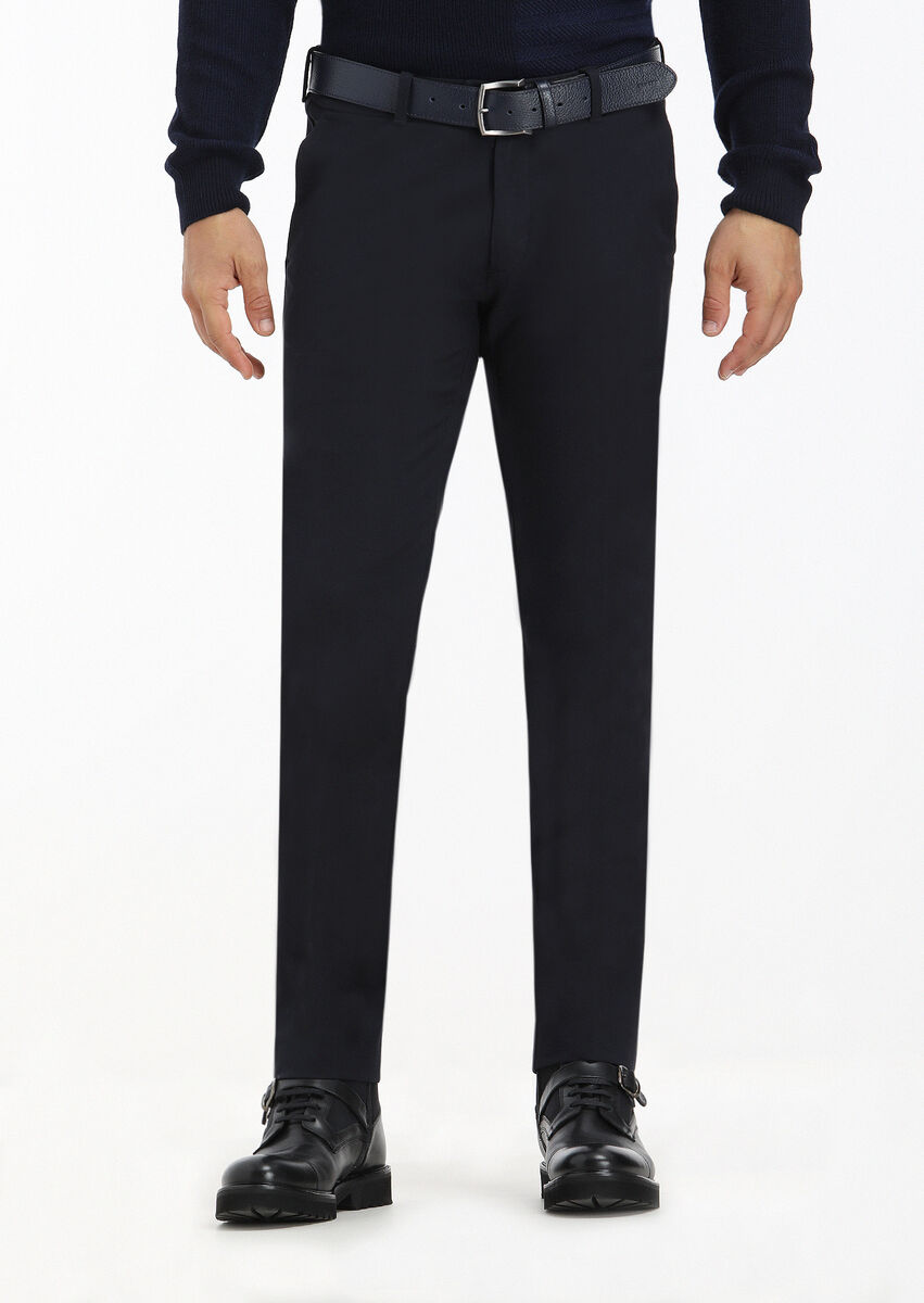 Navy Blue Weaving Slim Fit Casual Cotton Blended Trousers - 2