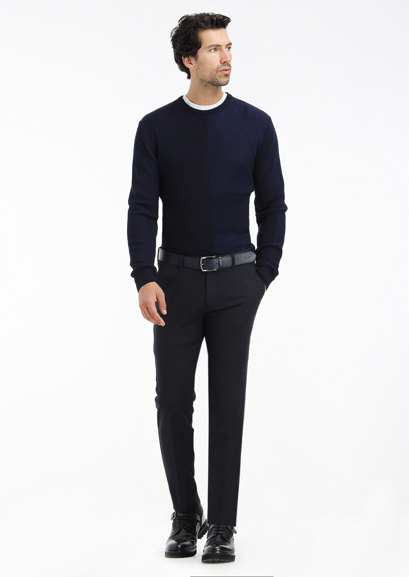 Navy Blue Weaving Slim Fit Casual Cotton Blended Trousers 