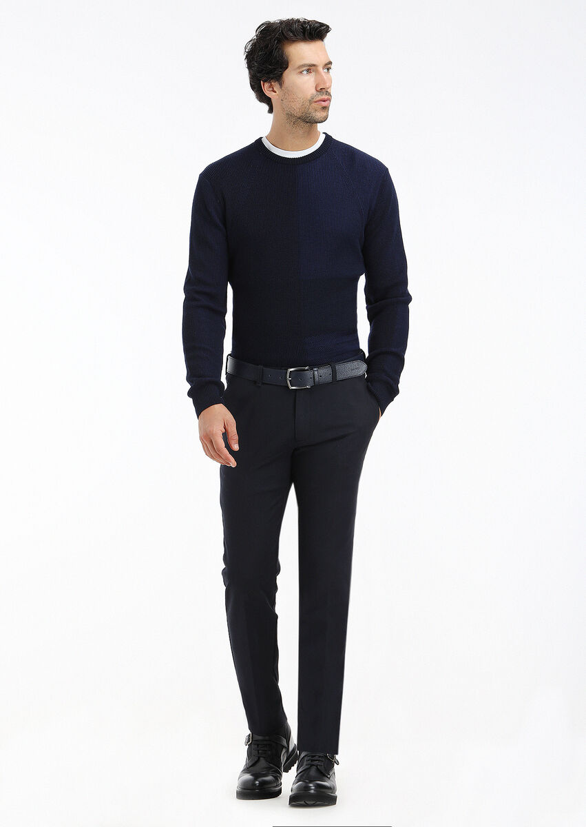 Navy Blue Weaving Slim Fit Casual Cotton Blended Trousers - 1