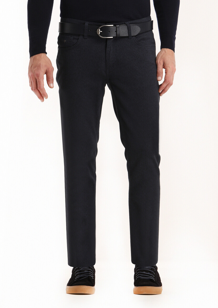Navy Blue Weaving Slim Fit Casual Cotton Blended Trousers - 2