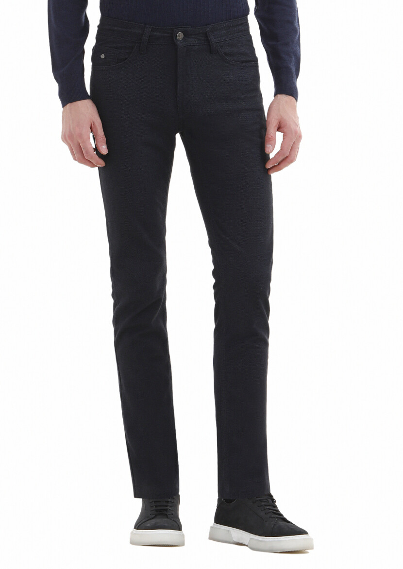 Navy Blue Weaving Slim Fit Casual Cotton Blended Trousers 