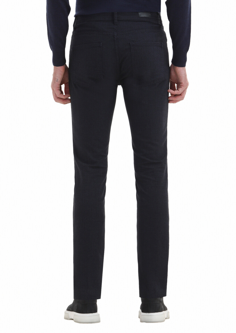 Navy Blue Weaving Slim Fit Casual Cotton Blended Trousers - 3