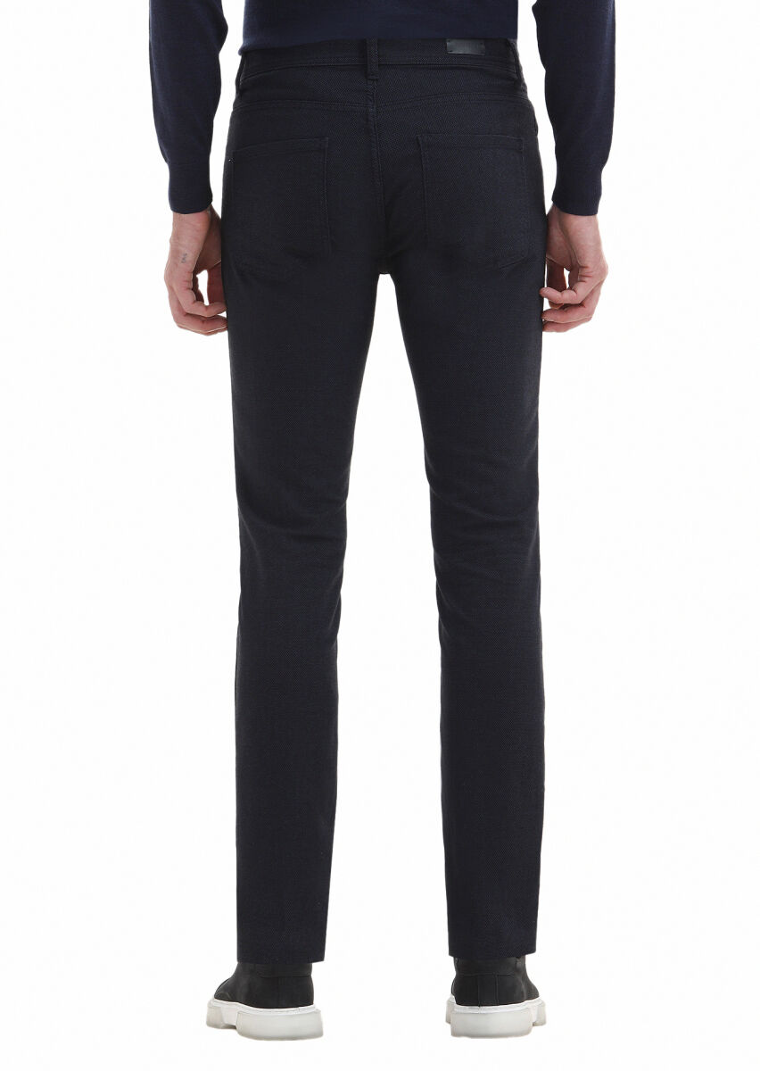 Navy Blue Weaving Slim Fit Casual Cotton Blended Trousers - 3