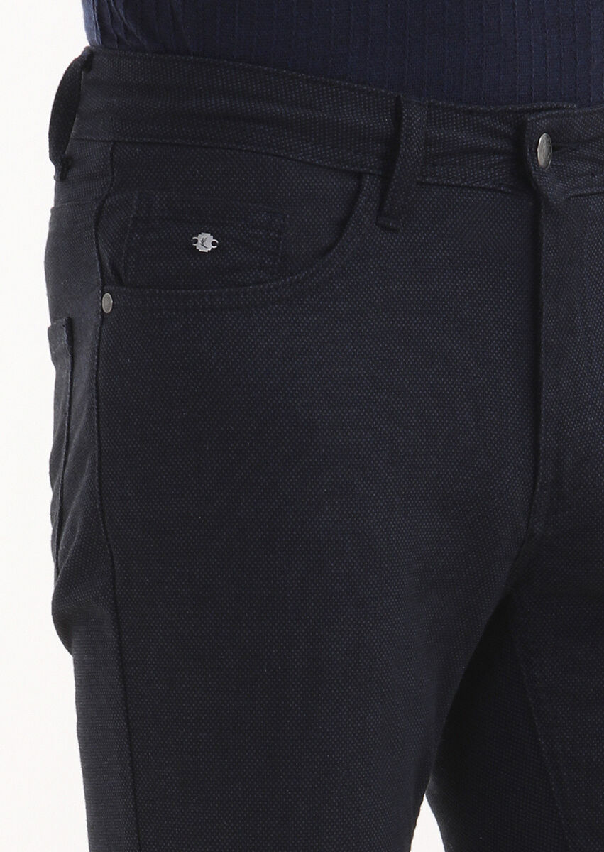 Navy Blue Weaving Slim Fit Casual Cotton Blended Trousers - 3