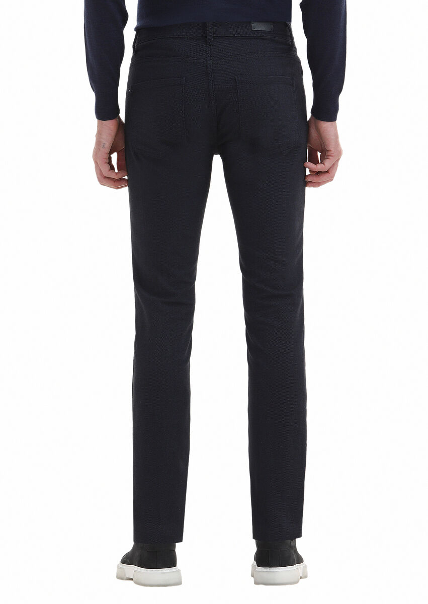 Navy Blue Weaving Slim Fit Casual Cotton Blended Trousers - 4