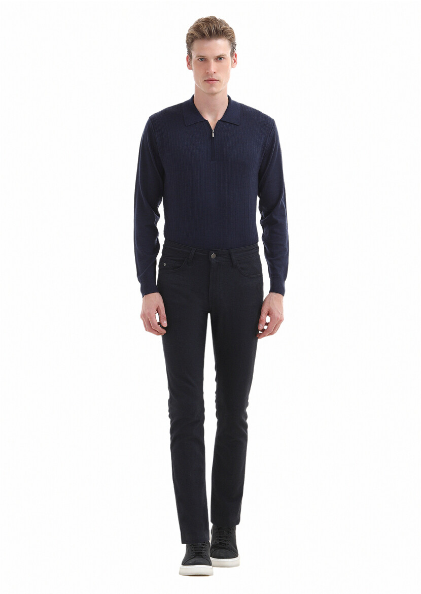 Navy Blue Weaving Slim Fit Casual Cotton Blended Trousers 