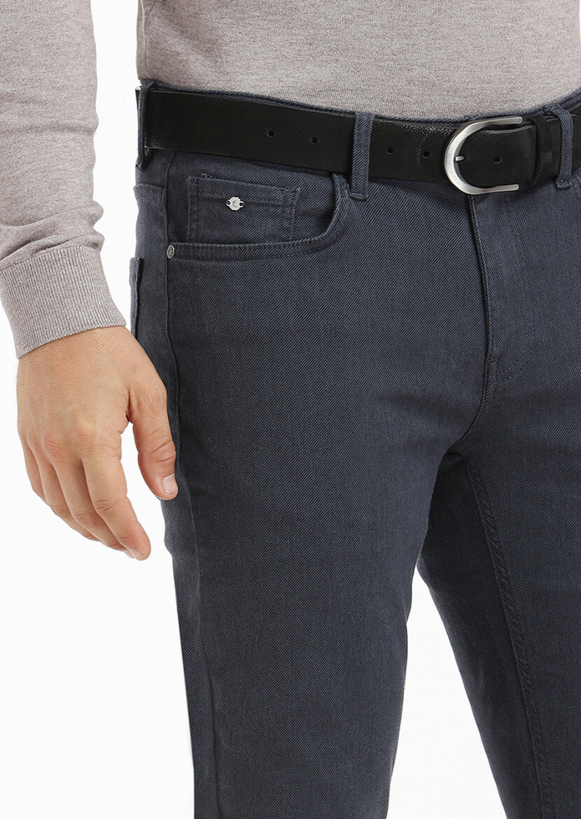 Navy Blue Weaving Slim Fit Casual Cotton Blended Trousers - 3