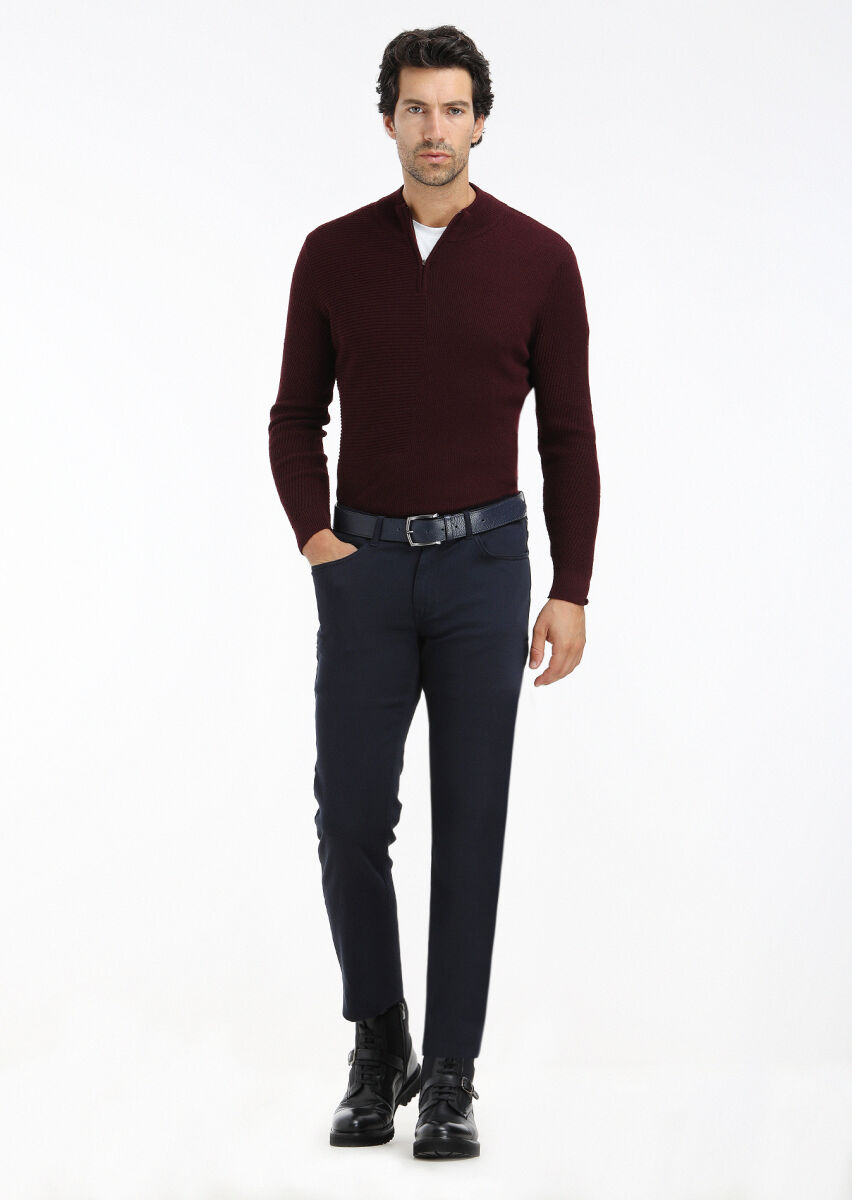 Navy Blue Weaving Slim Fit Casual Cotton Blended Trousers - 1